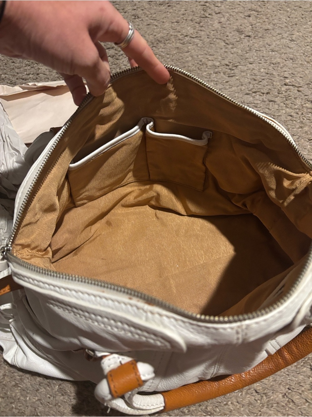 Sondra Roberts White with Tan trim Leather Satchel Handbag. - Picture 8 of 14